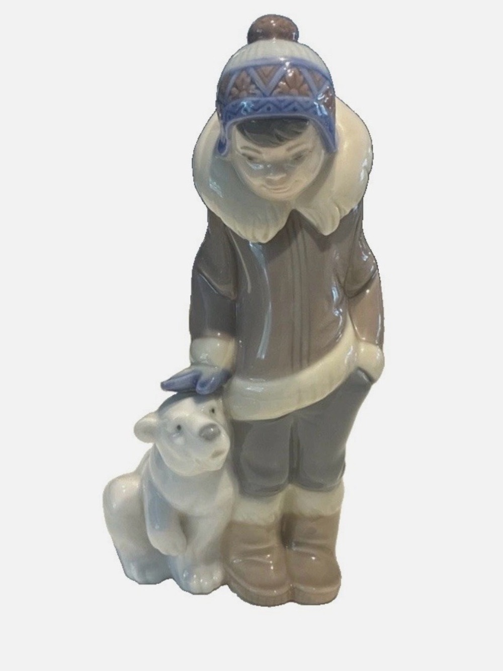 Lladro Porcelain Child with Polar Bear in Blue and Cream